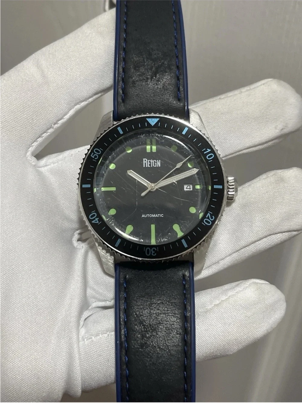 Reign Elijah Automatic Men's Diver Watch 42mm Black/Blue Leather Rubber